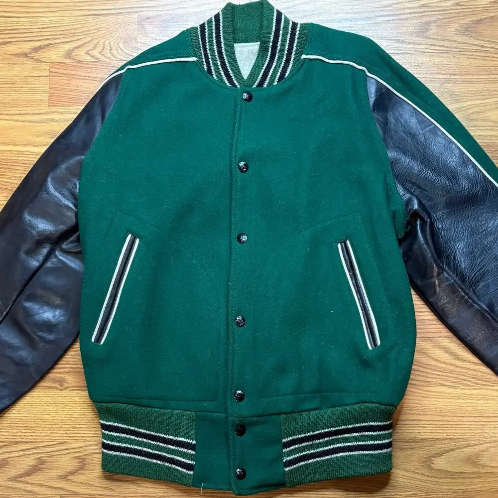 Vintage Kaye Bros Green Wool Leather Sleeve Varsity Letterman Jacket USA M